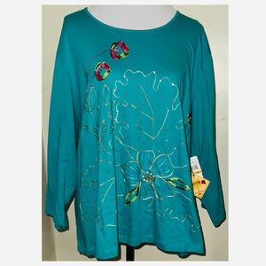 NWT, Caribbean Joe Woman Teal Blue Embroidery Sequin 3/4 Sleeve Top, Sz 3X